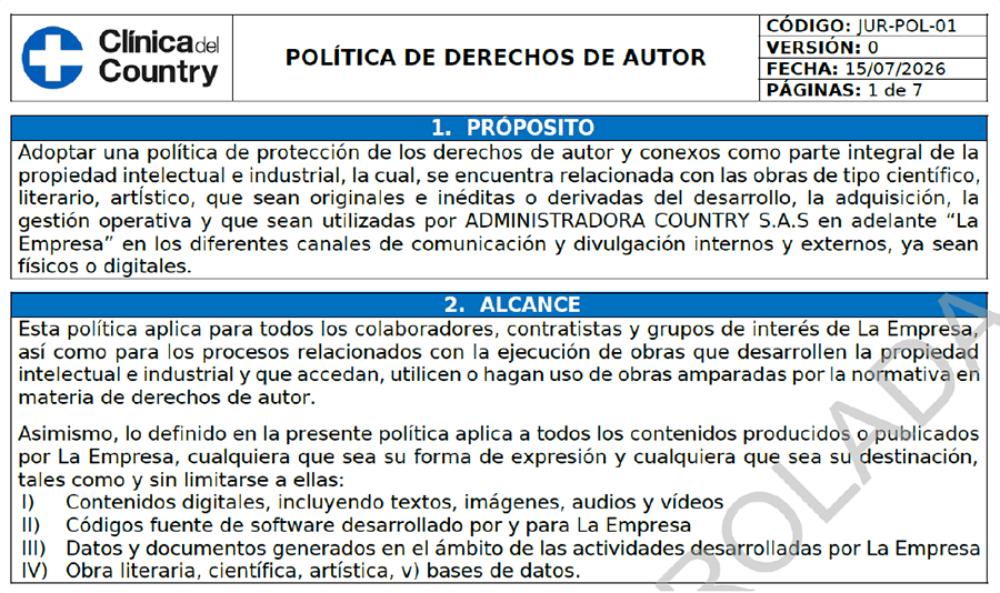 Política derechos de autor Clínica del Country